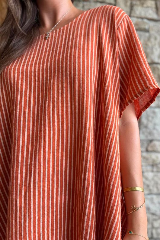Salcombe Chalk Stripe Cotton Cocoon Dress Rust